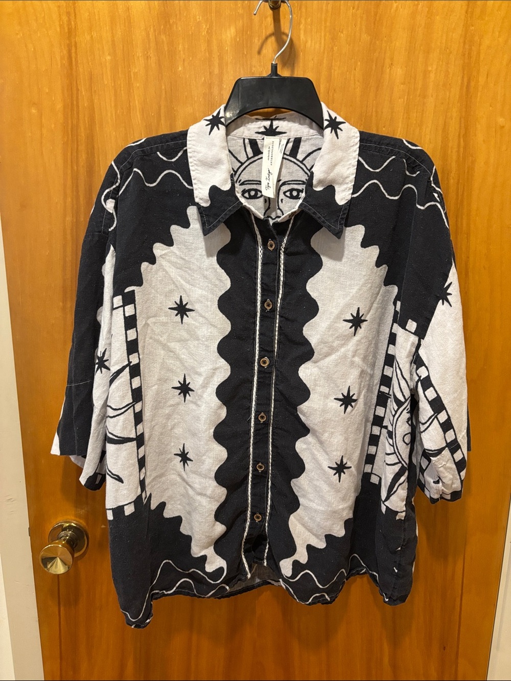 Anthropologie Black and White Sun Motif Button-Down Blouse